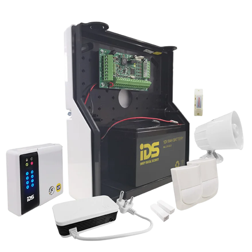 IDS 8-zone alarm kit: control panel, keypad, motion sensors, door contacts and siren